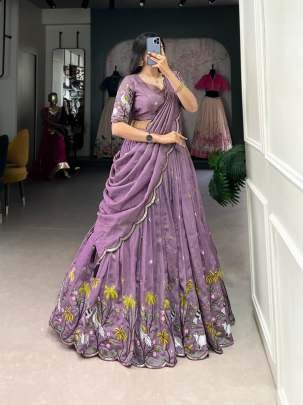 Beautiful Lavender Wedding Embroidery Vichitra Lehenga Choli