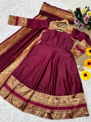 Beautiful Maroon Silk Kurti with Dupatta by 7 Hill
