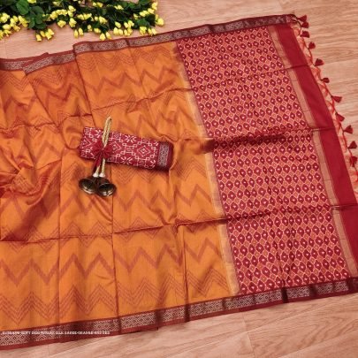 Beautiful Orange and Red Soft Tussar Silk Sarees With ZigZag Pattern with Weaving Border