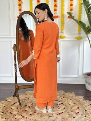Beautiful Orange Embroidered Work Viscose Chanderi Kurtis Dupatta Set