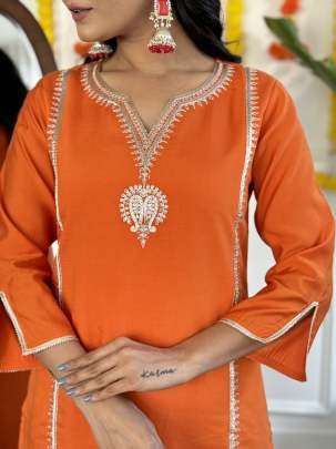 Beautiful Orange Embroidered Work Viscose Chanderi Kurtis Dupatta Set