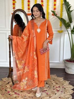 Beautiful Orange Embroidered Work Viscose Chanderi Kurtis Dupatta Set