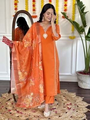 Beautiful Orange Embroidered Work Viscose Chanderi Kurtis Dupatta Set