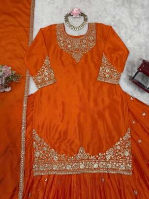Beautiful Orange Short Kurti And Silk Lehenga With Sequence Work