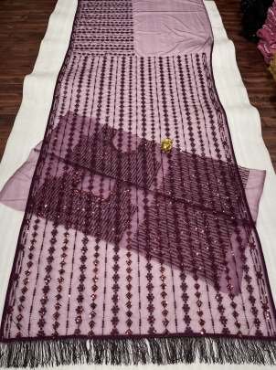 Beautiful Party Wear Wine Mono Net Saree With Emroidery Work