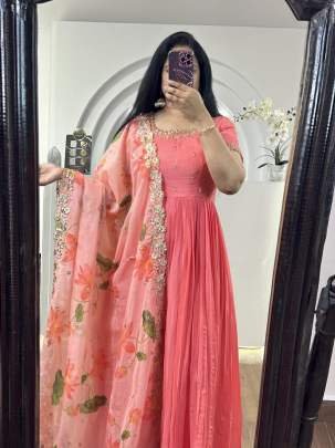 Beautiful Peach Anarkali Dress With Digital Printed Dupatta