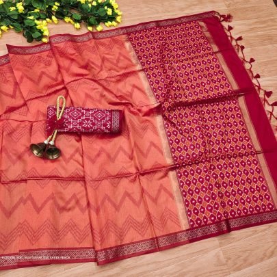 Beautiful Peach Soft Tussar Silk Sarees With ZigZag Pattern with Weaving Border