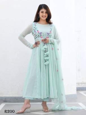 Beautiful Sea Green Georgette Embroidery Anrakali Kurtis With Dupatta