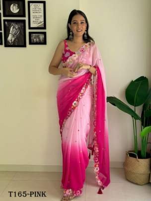 Beautiful Pink Georgette With Embroidery Work Saree