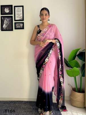 Beautiful Pink Georgette With Embroidery Work Saree