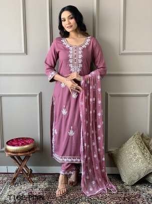 Beautiful Pink  Rayon With Embroidery Work Kurti Pant Set 