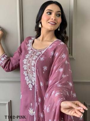 Beautiful Pink  Rayon With Embroidery Work Kurti Pant Set