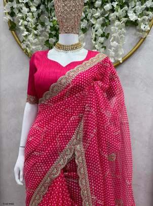 Beautiful Pink Tibby Silk Saree With Digital Print