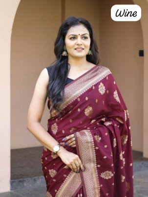Beautiful Pure Gold Zari Wine Saree 