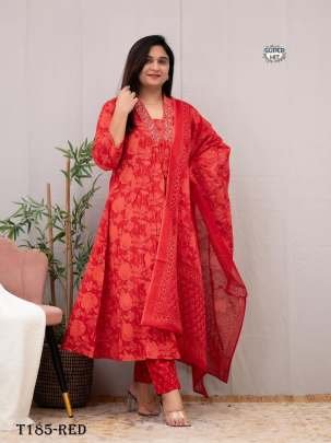 Beautiful Red Pure Cotton Kurti Pant Dupatta Set