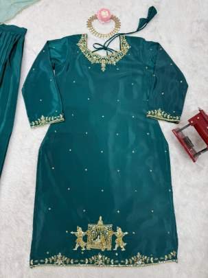 Beautiful Short Kurti Lehenga Set In Rama Green Colour