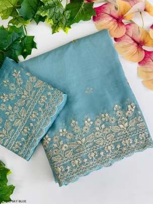 Beautiful Sky Blue Organza Silk Saree With Golden Jari Work