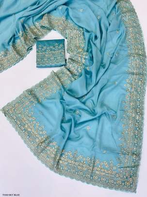 Beautiful Sky Blue Organza Silk Saree With Golden Jari Work