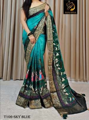 Beautiful Sky Blue Pure Dola Silk Saree With Kalamkari Design