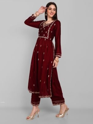 Beautiful Vichitra Silk Embroidered Maroon Kurti With Pant Set