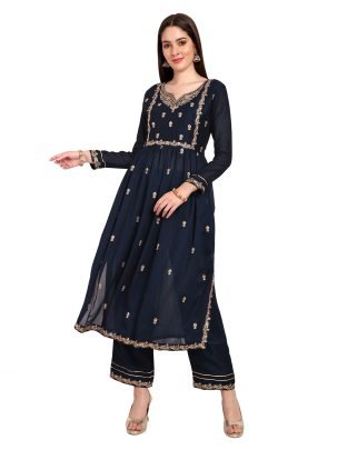 Beautiful Vichitra Silk Embroidered Navy Blue Kurti With Pant Set