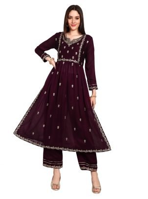 Beautiful Vichitra Silk Embroidered Wine Kurti With Pant Set