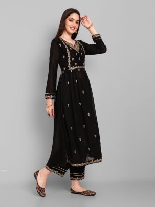 Beautiful Vichitra Silk Embroidered Black Kurti With Pant Set