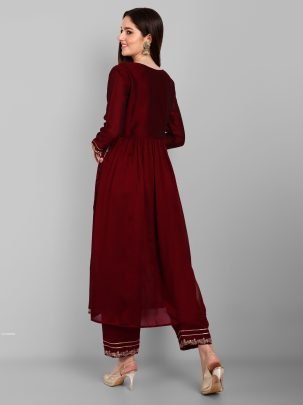 Beautiful Vichitra Silk Embroidered Maroon Kurti With Pant Set