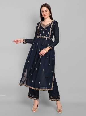 Beautiful Vichitra Silk Embroidered Navy Blue Kurti With Pant Set