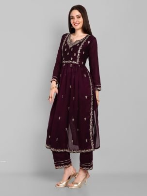 Beautiful Vichitra Silk Embroidered Wine Kurti With Pant Set