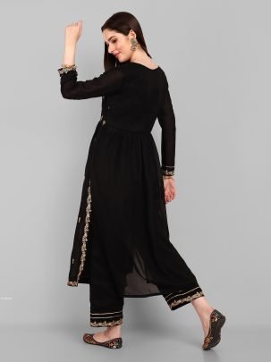 Beautiful Vichitra Silk Embroidered Black Kurti With Pant Set