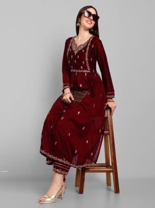 Beautiful Vichitra Silk Embroidered Maroon Kurti With Pant Set