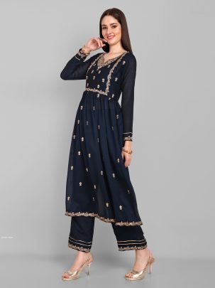 Beautiful Vichitra Silk Embroidered Navy Blue Kurti With Pant Set