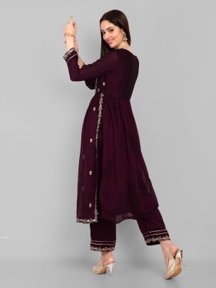 Beautiful Vichitra Silk Embroidered Wine Kurti With Pant Set