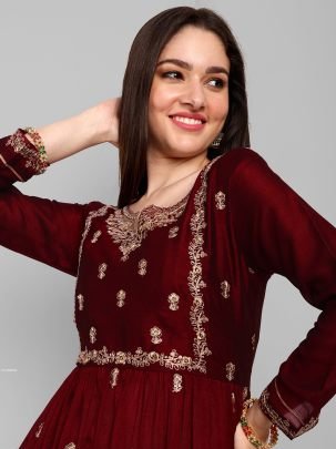 Beautiful Vichitra Silk Embroidered Maroon Kurti With Pant Set