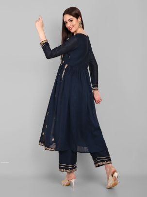 Beautiful Vichitra Silk Embroidered Navy Blue Kurti With Pant Set