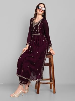 Beautiful Vichitra Silk Embroidered Wine Kurti With Pant Set