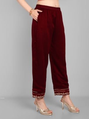 Beautiful Vichitra Silk Embroidered Maroon Kurti With Pant Set