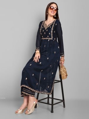 Beautiful Vichitra Silk Embroidered Navy Blue Kurti With Pant Set