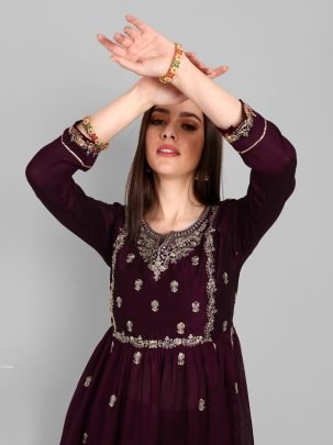 Beautiful Vichitra Silk Embroidered Wine Kurti With Pant Set