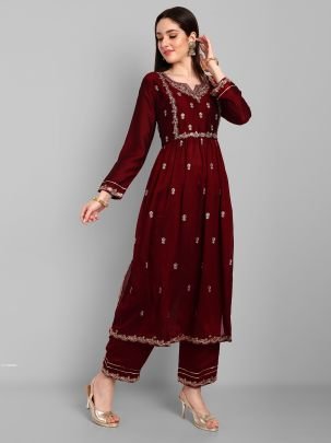 Beautiful Vichitra Silk Embroidered Maroon Kurti With Pant Set