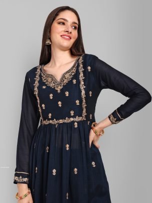 Beautiful Vichitra Silk Embroidered Navy Blue Kurti With Pant Set