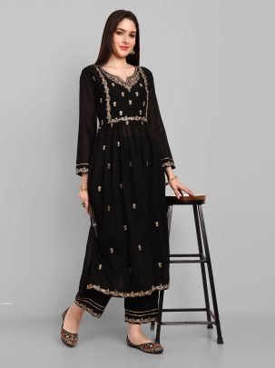 Beautiful Vichitra Silk Embroidered Black Kurti With Pant Set