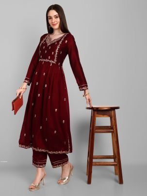 Beautiful Vichitra Silk Embroidered Maroon Kurti With Pant Set