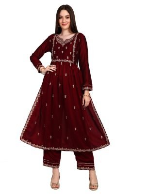 Beautiful Vichitra Silk Embroidered Maroon Kurti With Pant Set