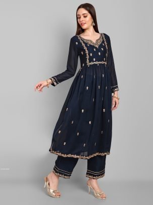 Beautiful Vichitra Silk Embroidered Navy Blue Kurti With Pant Set