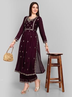 Beautiful Vichitra Silk Embroidered Wine Kurti With Pant Set