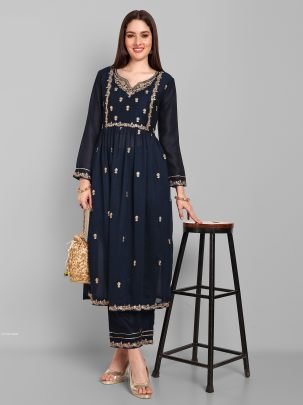 Beautiful Vichitra Silk Embroidered Navy Blue Kurti With Pant Set