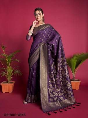 Beautiful Wine Pallu Banarasi Raw Silk Saree With Tassels