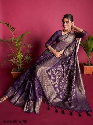 Beautiful Wine Pallu Banarasi Raw Silk Saree With Tassels